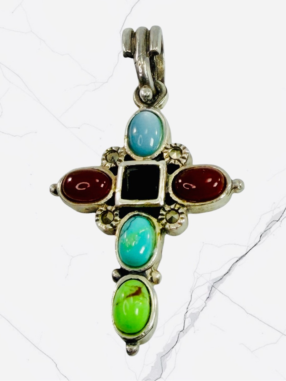 Vintage Sterling Silver 925 Reversible Cross Turquoise Coral Onyx Pendant Charm